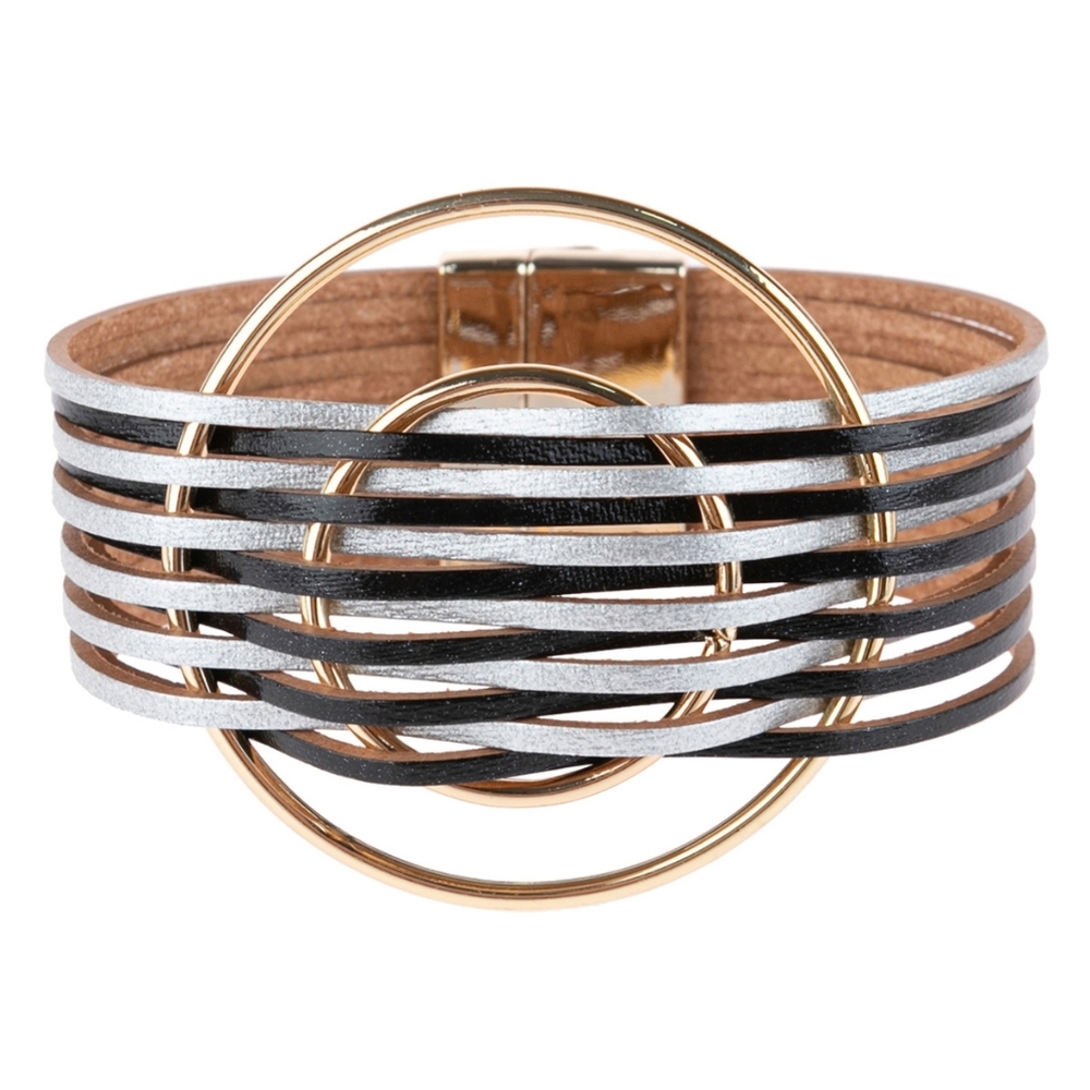METALLIC LEATHER RING CHARM WITH MAGNETIC LOCK BRACELET-GOLD